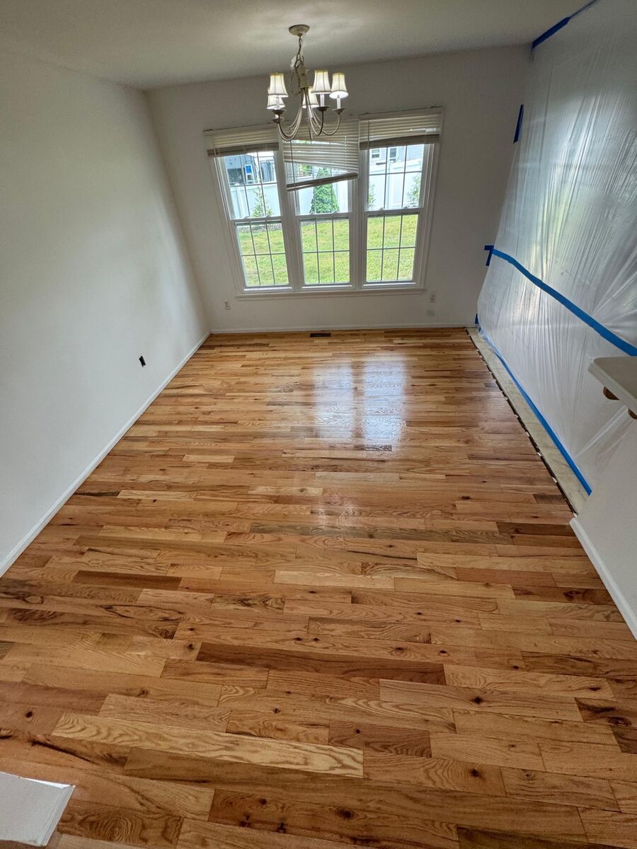 Finished hardwood flooring in a dining room